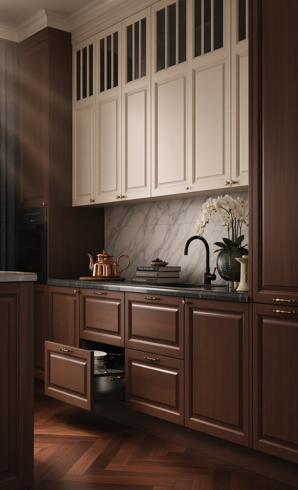 Duetto kitchen pairing ivory PU upper cabinets with walnut solid wood base cabinetry