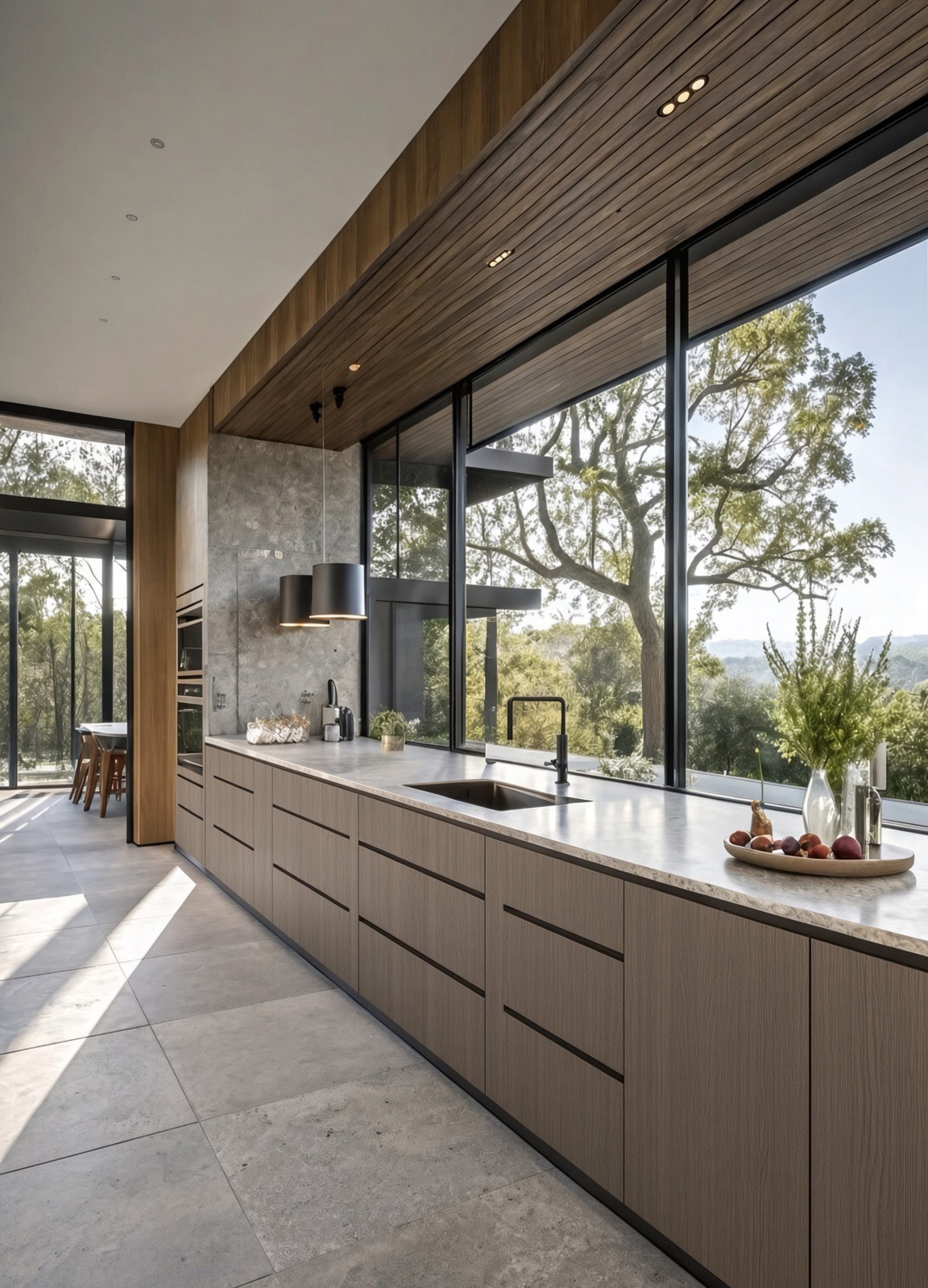 Linea Verde kitchen in woodgrain Lamitex laminate with floor-to-ceiling garden glazing